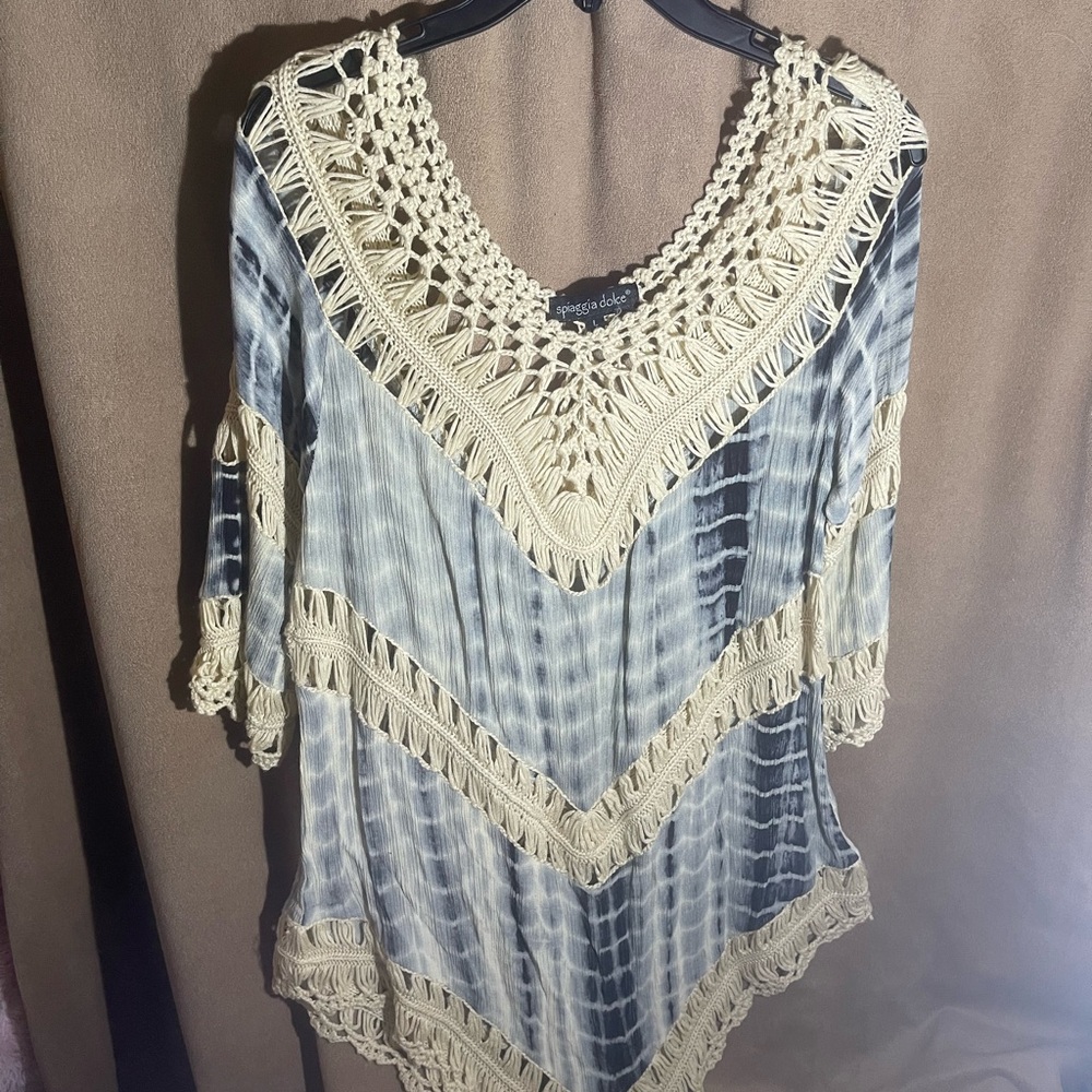 Crochet Trim Tie-Dye Beach Cover Up
